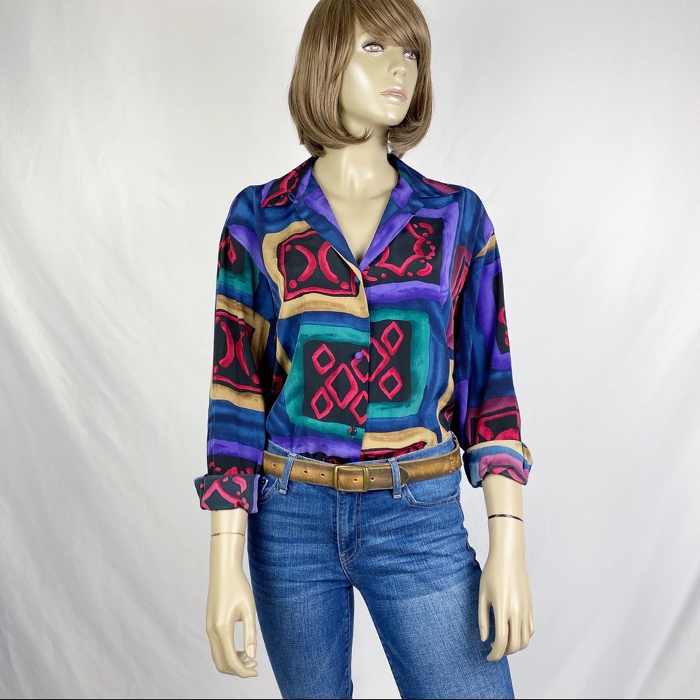 Vintage 80’s 90’s Patterned Button Down Blouse Med